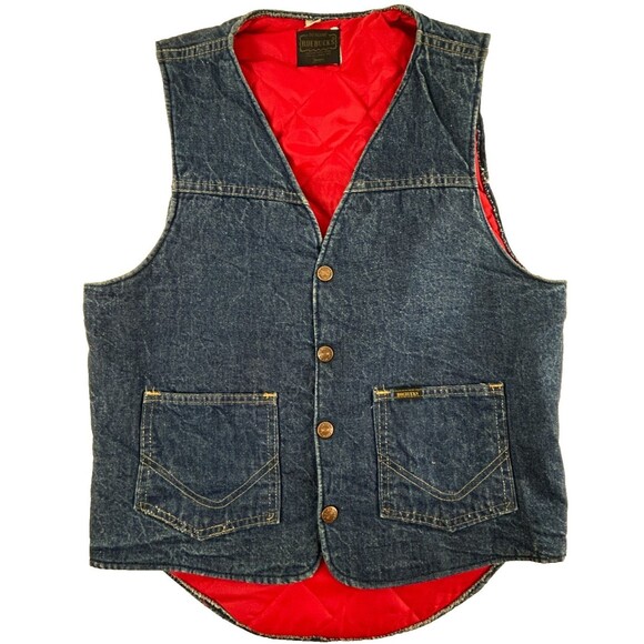 Vintage Roebucks Denim Jean Vest Red Quilted Lining Size Small - Picture 1 of 9